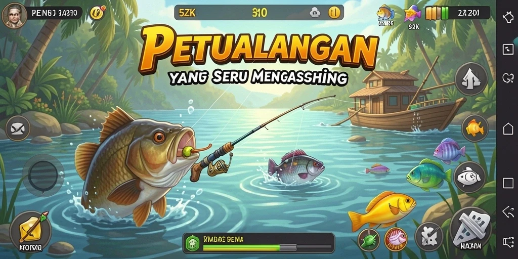 Screenshot 5ZK menampilkan gameplay seru saat menangkap ikan besar.