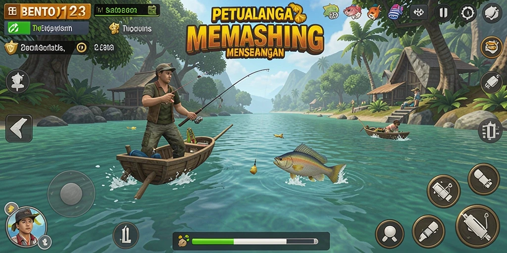 Gambaran gameplay BENTO123 dengan aksi memancing yang seru dan menakar ikan.