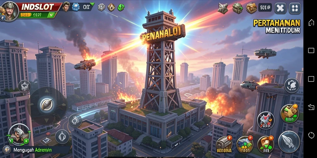Tampilan utama gameplay <strong>INDSLOT</strong> saat mempertahankan menara dari gelombang serangan musuh.