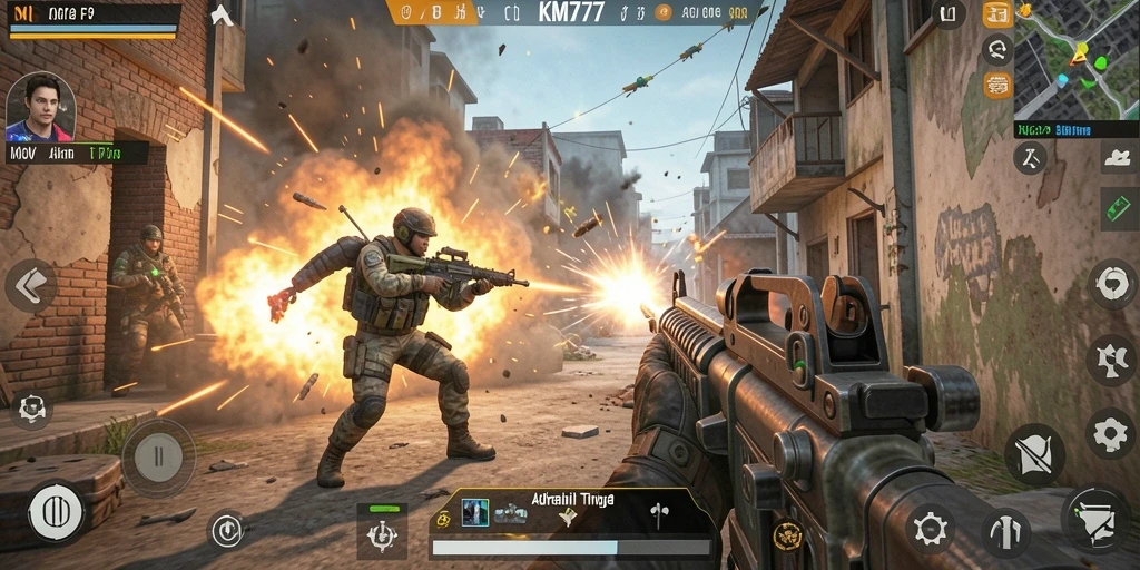 Tangkapan layar utama KM777 menampilkan aksi gameplay FPS yang mendebarkan.