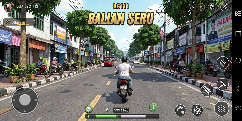 Tangkapan layar utama LG111 menampilkan aksi balapan seru di lintasan.
