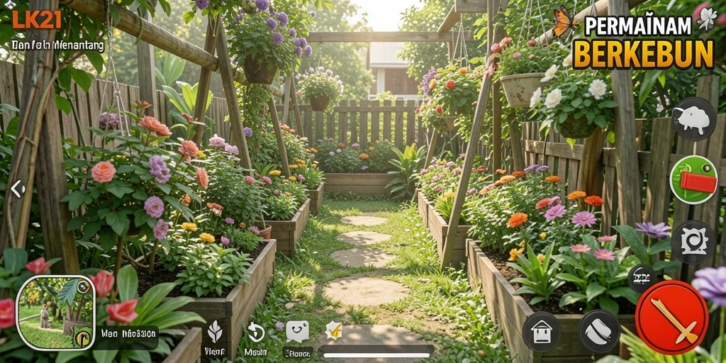 Tampilan gameplay LK21 dengan kebun yang indah dan hewan ternak.