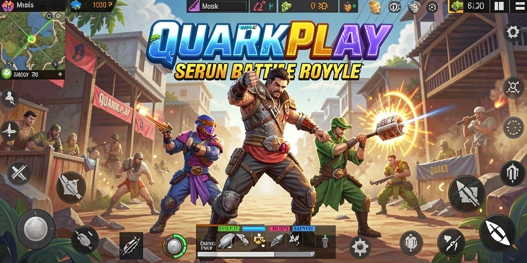 Screenshot utama QUARKPLAY menampilkan pertarungan seru di arena Battle Royale.