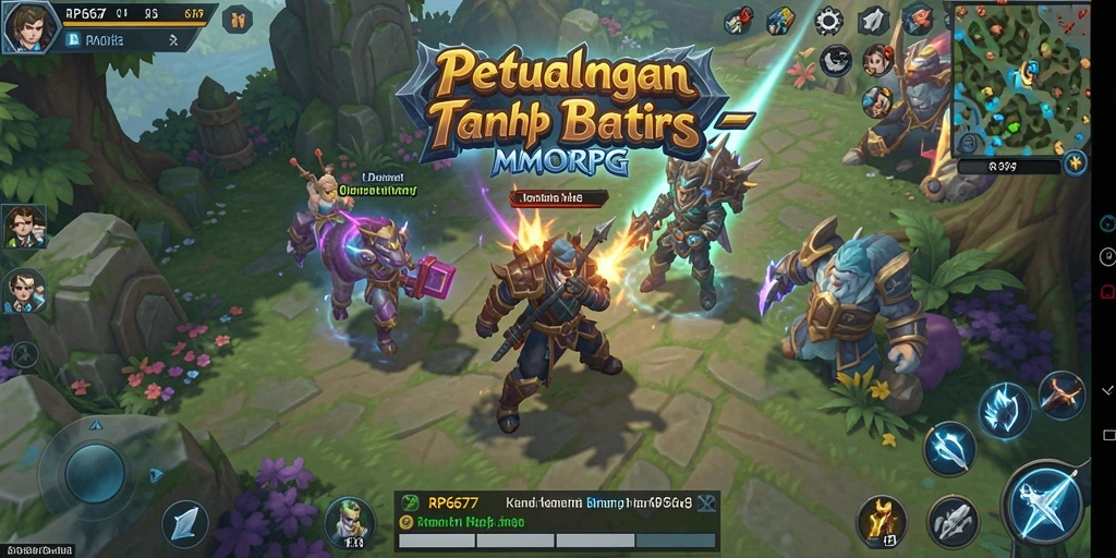 Tangkapan layar gameplay RP6677 yang menampilkan pertarungan epik dan dunia yang luas.