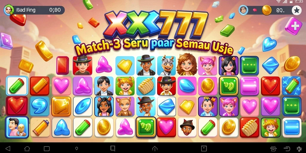 Tangkapan layar <strong>XXX777</strong> yang menunjukkan gameplay Match-3 yang menarik.